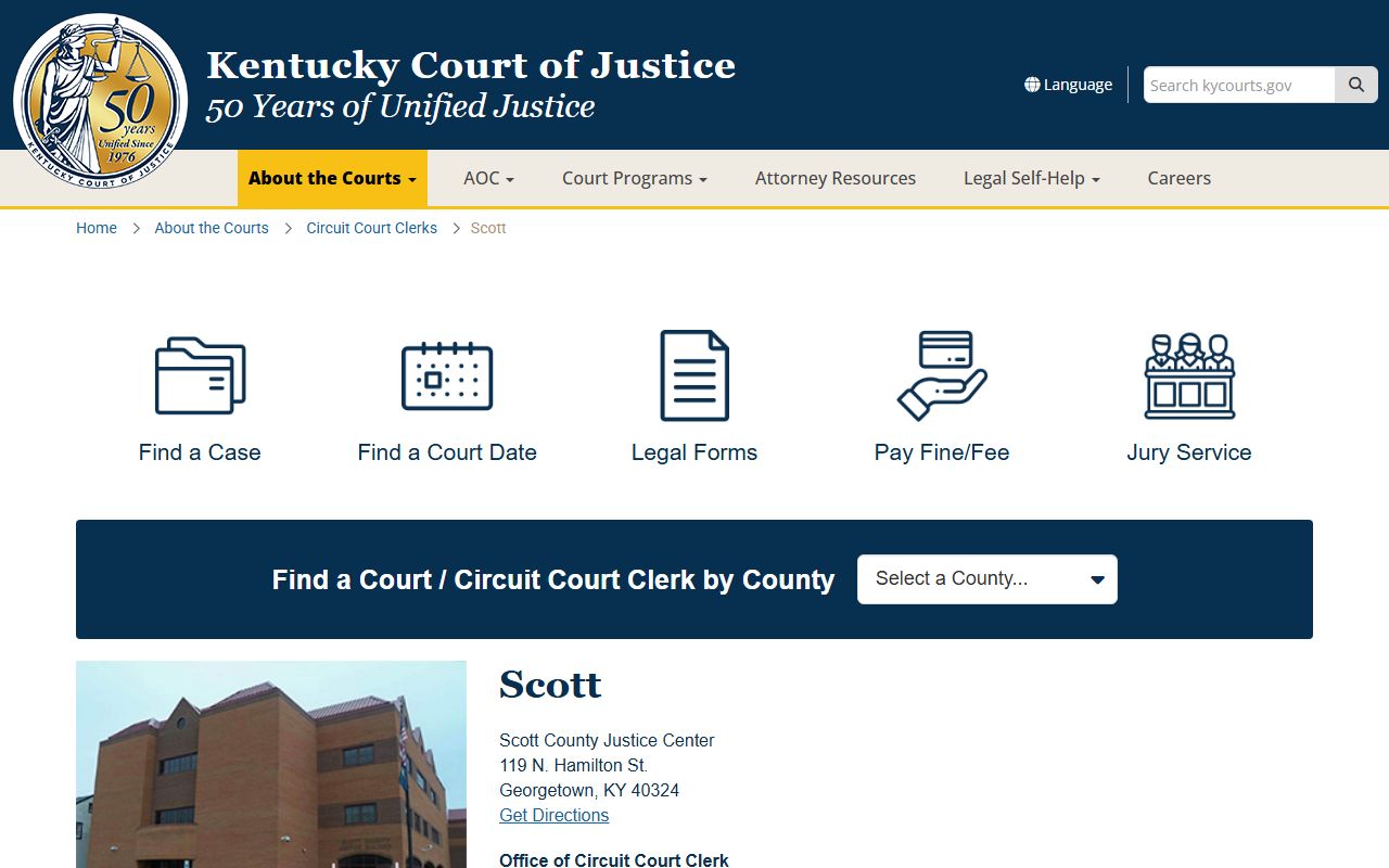 Scott County Court Information page for Georgetown traffic ticket records