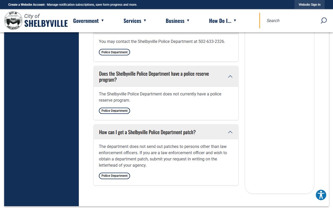Shelbyville FAQ page with traffic citation information