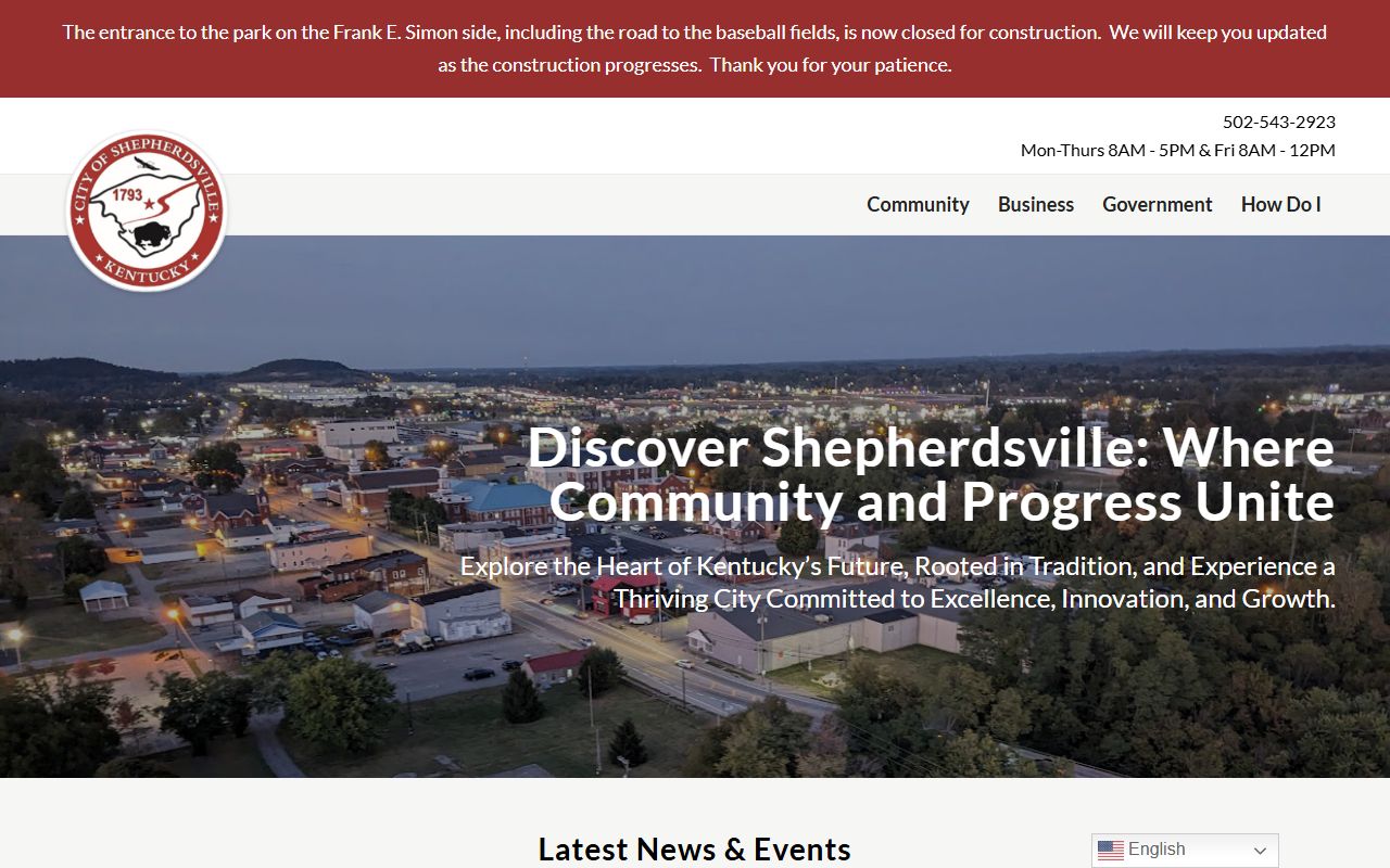 Shepherdsville city homepage with municipal information and resources