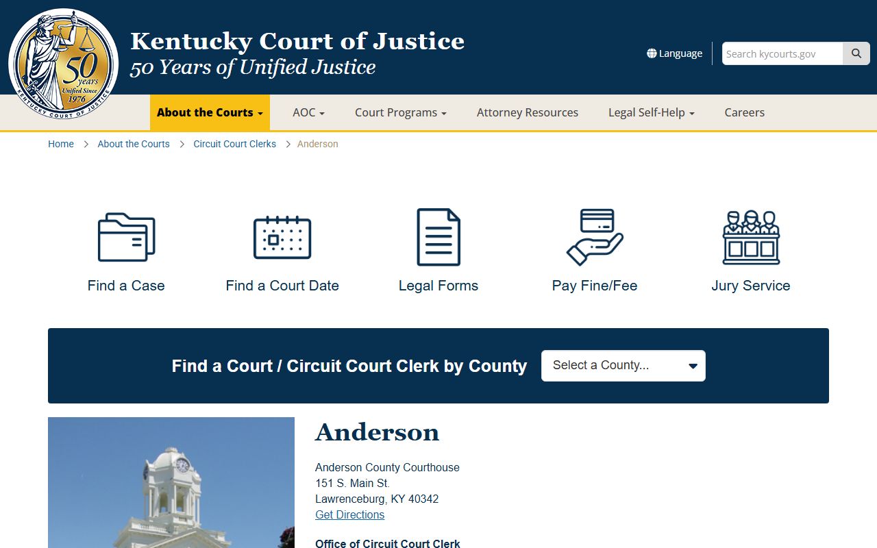 Anderson County Court Information page for traffic ticket records