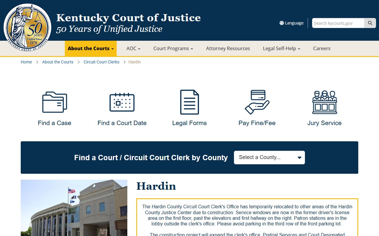 Hardin County Court Information page for traffic ticket records