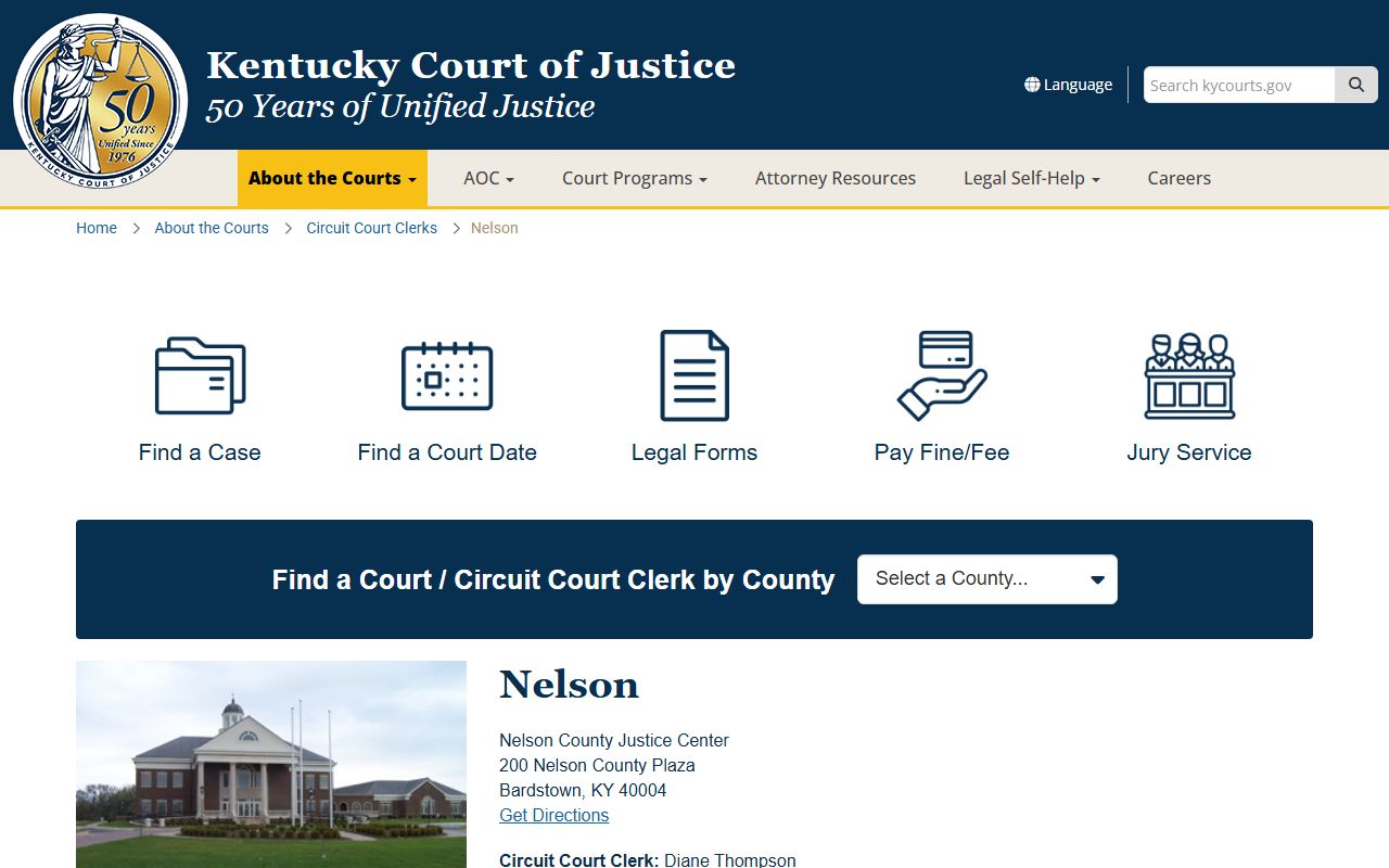Kentucky Court of Justice Nelson County information page