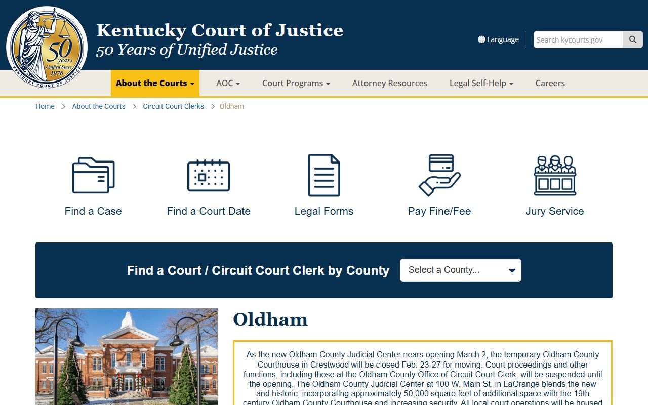 Kentucky Court of Justice Oldham County information page
